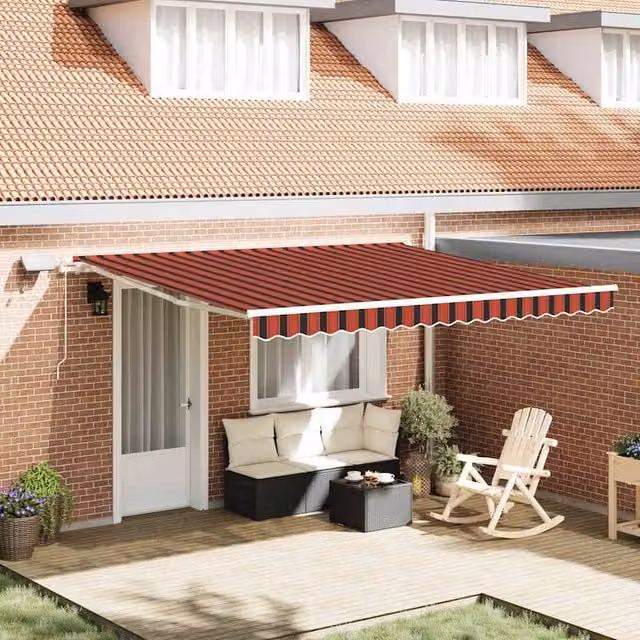 Berkfield Home Manual Retractable Folding Arm Awning with LED, Orange and Brown Striped Polyester, W: 400 cm, D: 350 cm – 1