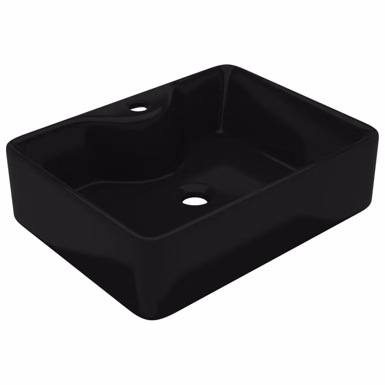 Berkfield Home Glossy Black Ceramic Square Bathroom Sink Basin with Faucet Hole