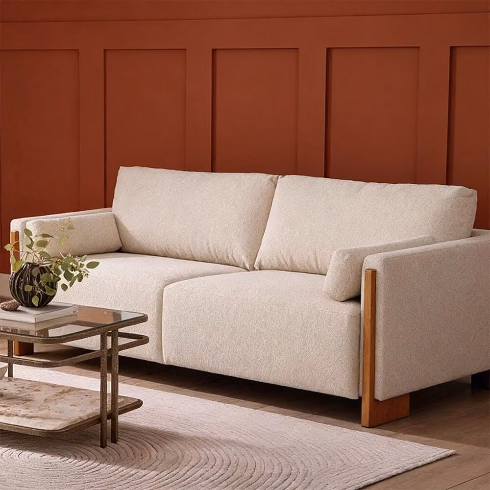 Atkin and Thyme Audrey 3 Seat Mid-Century Sofa with Exposed Solid Wood Frame in Beige Textured Fabric