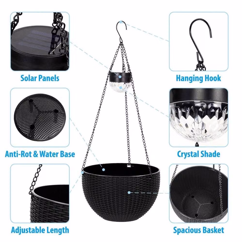 NESTLUNE Solar Rattan Effect Hanging Basket with Warm White LED in Black, W/D/H: 100 x 15 x 15 cm – 2