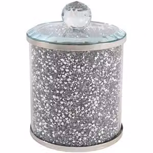 Biznest Crushed Crystal Trinket Box in White and Silver, Round Tabletop Decorative Glass Box, W: 10.0 cm, D: 10.0 cm, H: 1.0 cm