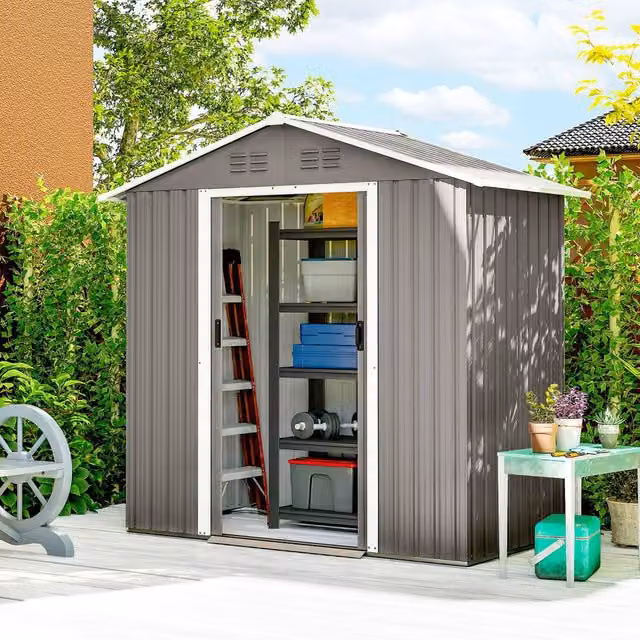 OUTSUNNY Galvanised Steel Metal Garden Shed with Sliding Doors and Side Vent, Light Grey – 1