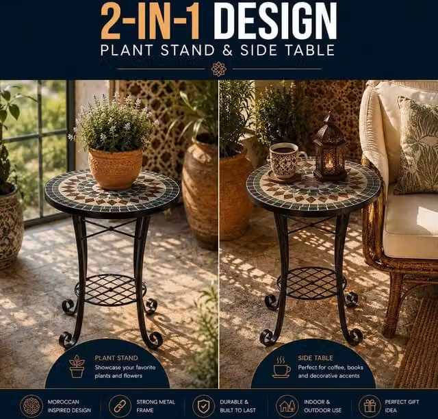 Shatchi Moroccan Marrakech Mosaic Plant Stand Side Table with Multicolour Geometric Metal Frame