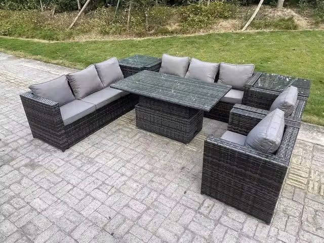 Fimous Dark Grey Wicker PE Rattan Garden Furniture Set with 2 Armchairs and Adjustable Rising Lifting Dining Table