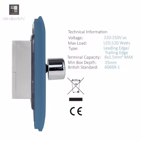 Trendi Switch 4 Gang 1 or 2 Way 150w Rotary LED Dimmer Light Switch in Sky Blue – 3