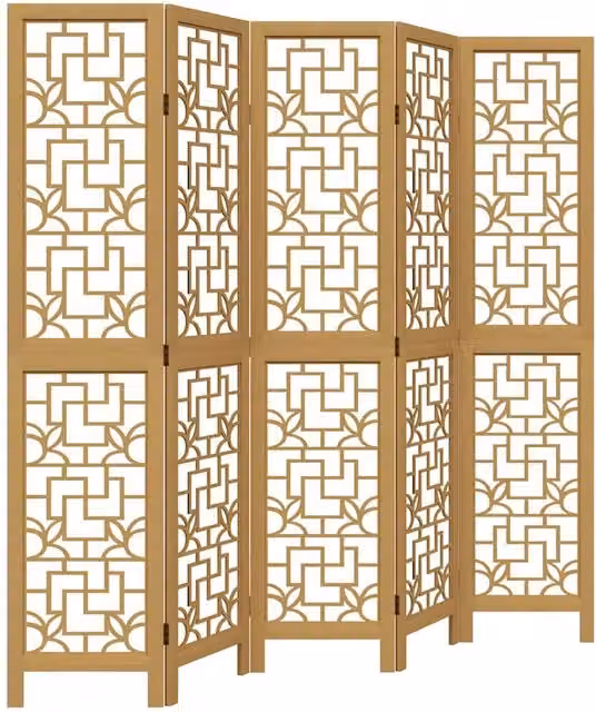 Berkfield Home 5-Panel Brown Solid Paulownia Wood Room Divider