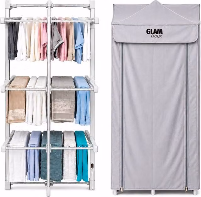Glamhaus Electric Heated Clothes Airer Dryer, 3 Tier Foldable Metal Indoor Rack in White