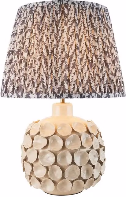 Netlighting Borello Ivory Table Lamp with Grey Fabric Shade and Brass Details, Height: 35 cm