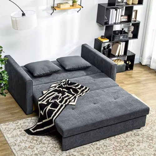 HOMCOM 2 Seater Modern Snow Flannel Sofa Bed with Hidden Storage and Pull Out Drawer, Dark Grey – 7