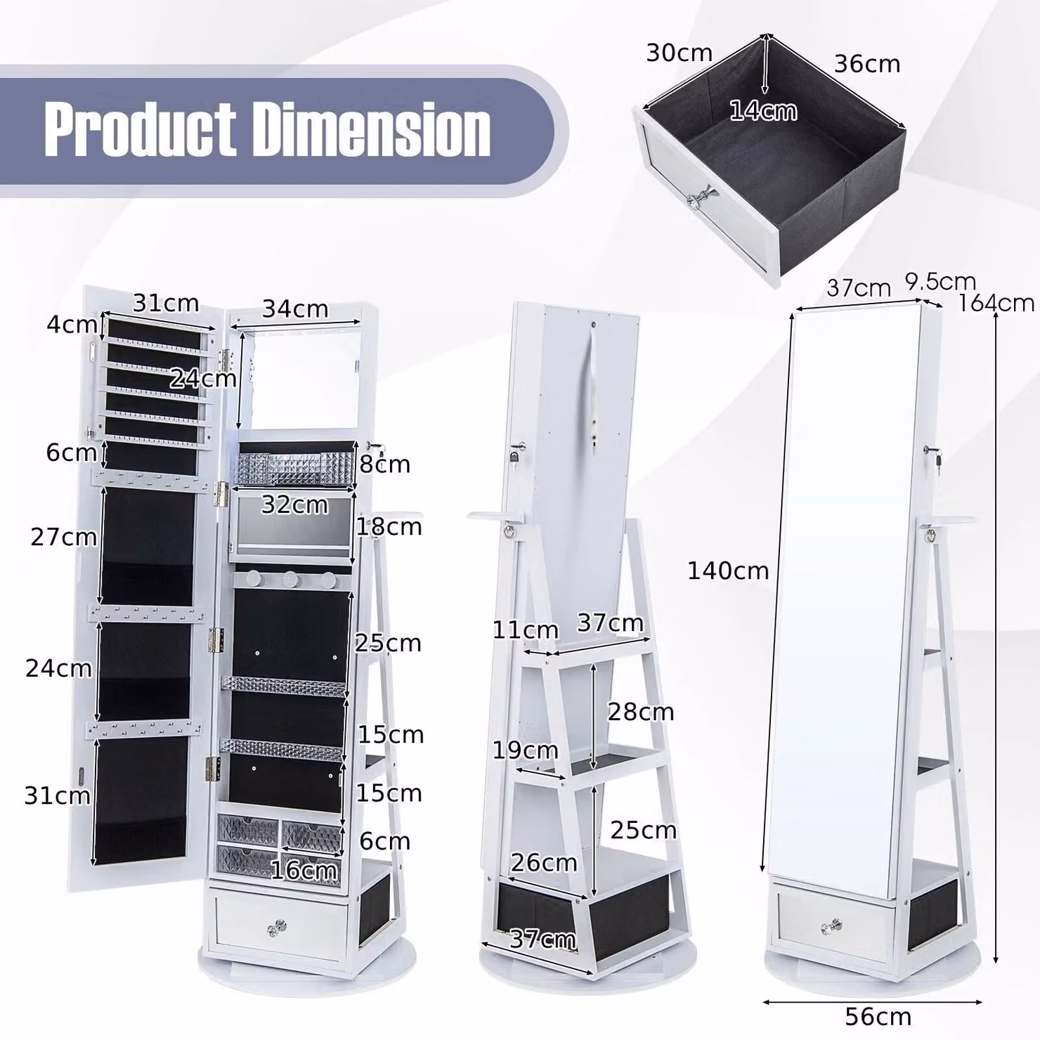 Costway White Floor Standing Swivel Jewelry Armoire with Full Length Mirror, LED Lighting and Lockable Storage – 2
