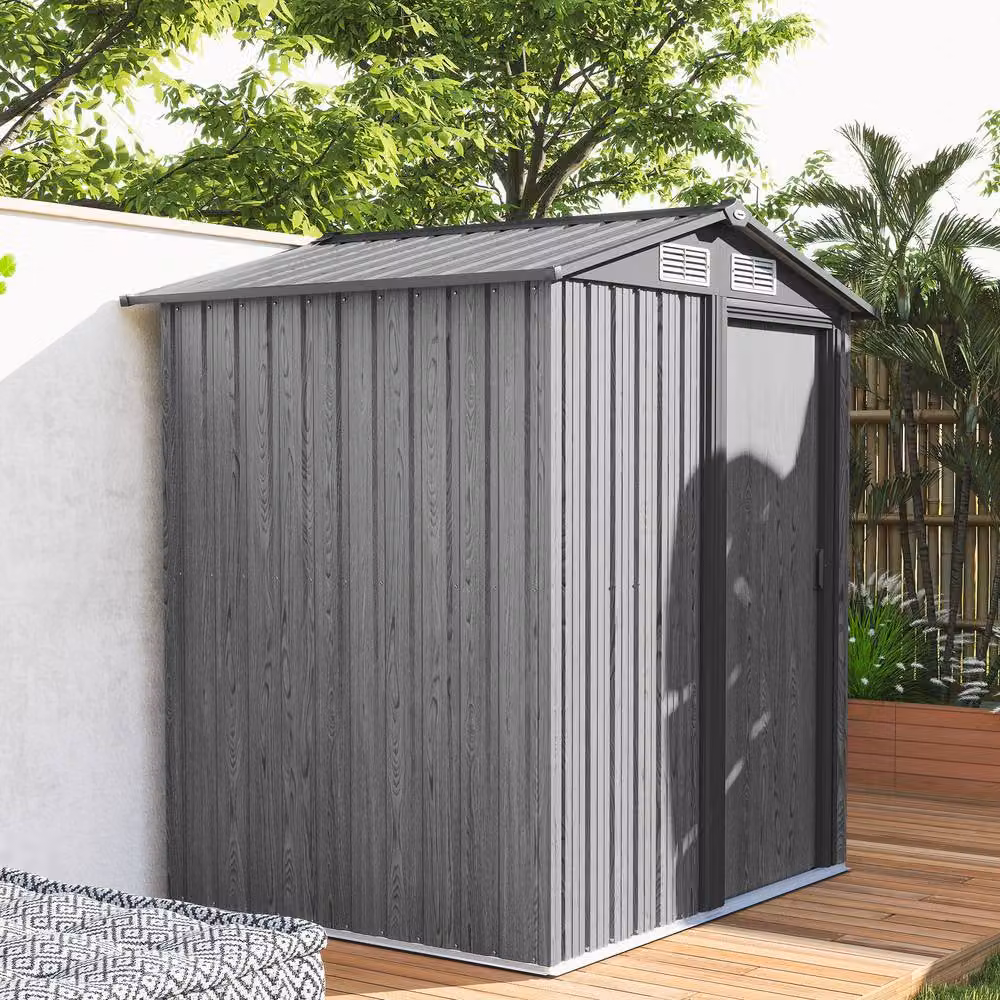 Rolipo Grey Wood Effect Garden Storage Shed with Pent Roof and Sliding Doors – 5