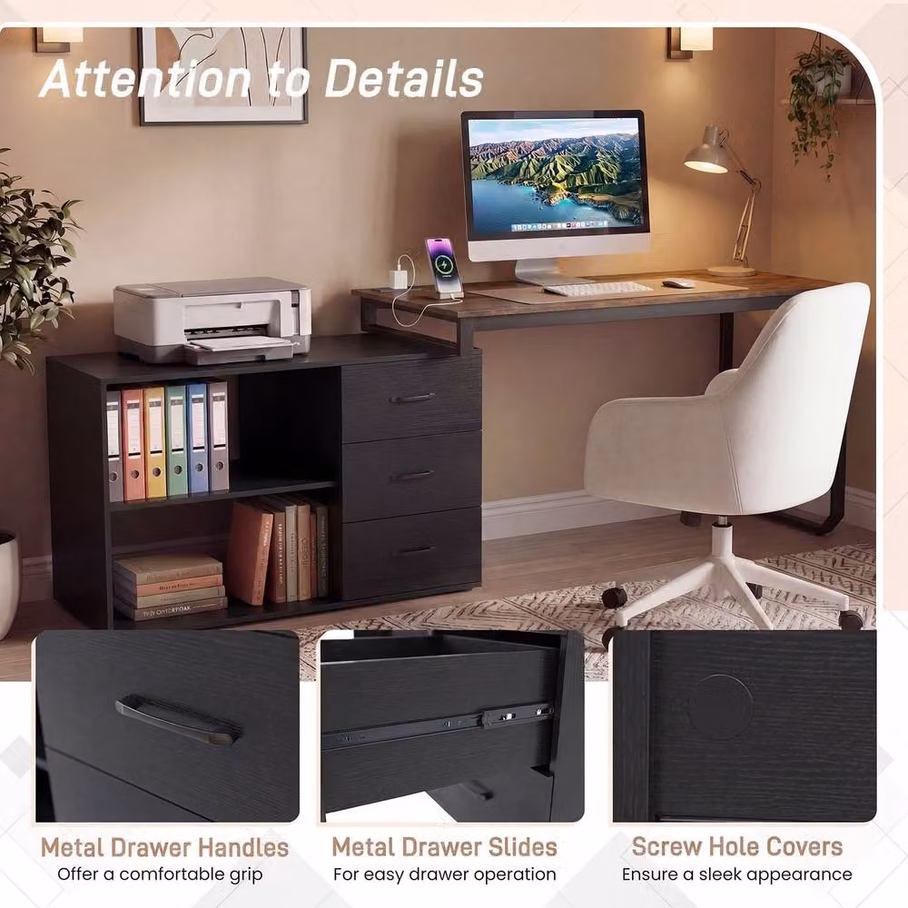 Costway Reversible L-Shaped Corner Desk with Power Outlet in Brown, Width: 140 cm – 8