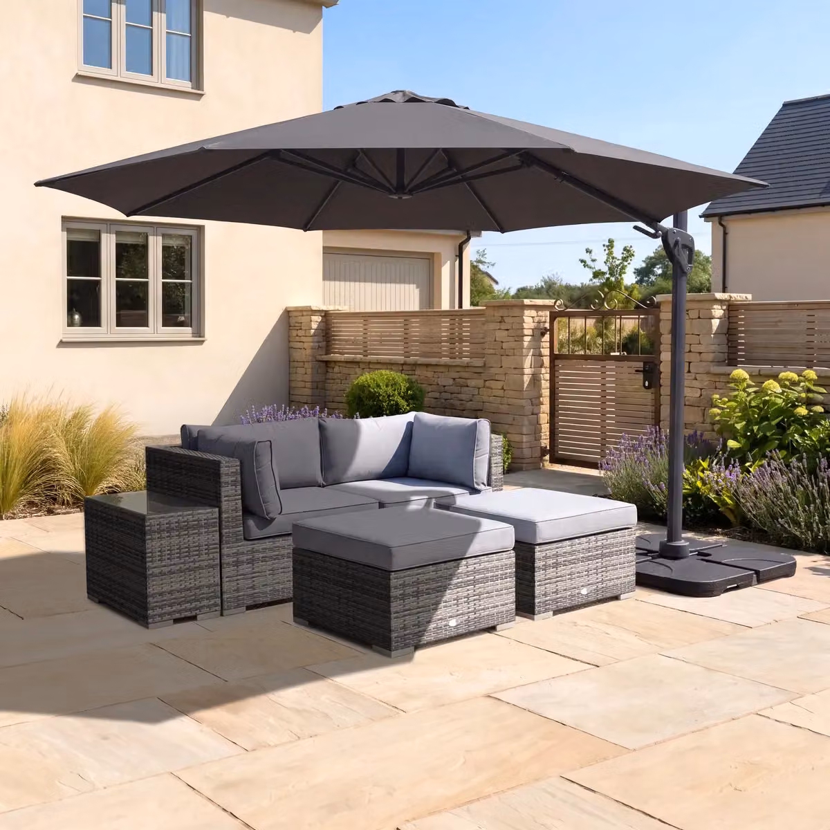 Charles Bentley Multifunctional 4 Seater Rattan Lounge Set with Ottoman in Grey, W/D/H: 73 x 73 x 64 cm – 2