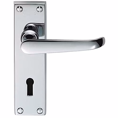 Loops Pair Straight Victorian Handle on Lock Backplate in Polished Chrome, W: 15.0 cm, H: 15.0 cm