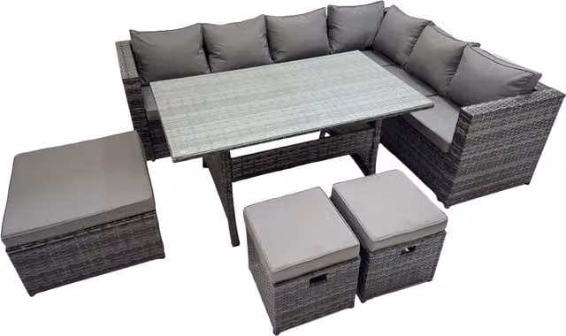 Fimous 10-Seat Dark Grey Mixed Rattan Garden Sofa and Dining Set with Glass Top