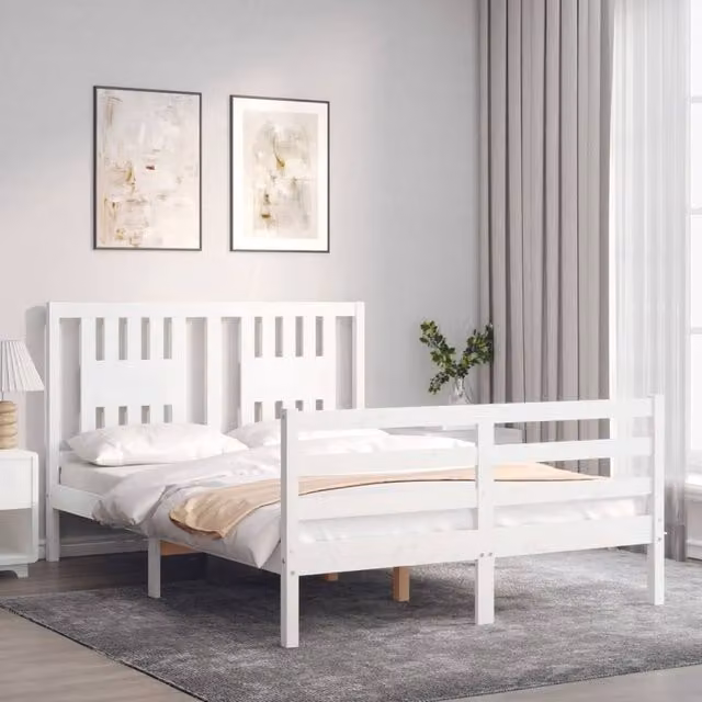 Berkfield Home Beautiful Solid Wood Bed Frame with Headboard in White, W/D/H: 140 x 190 cm – 1