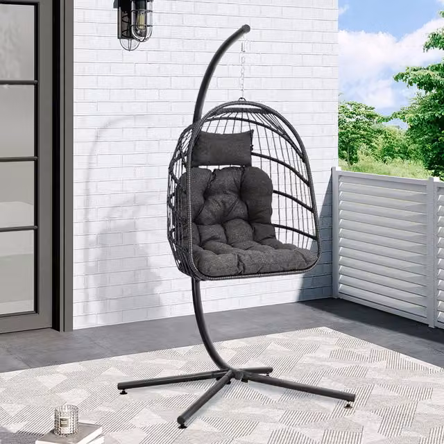 Breeins Rustic Polyrattan Hanging Lounge Chair with Stand and Grey Fabric Cushions