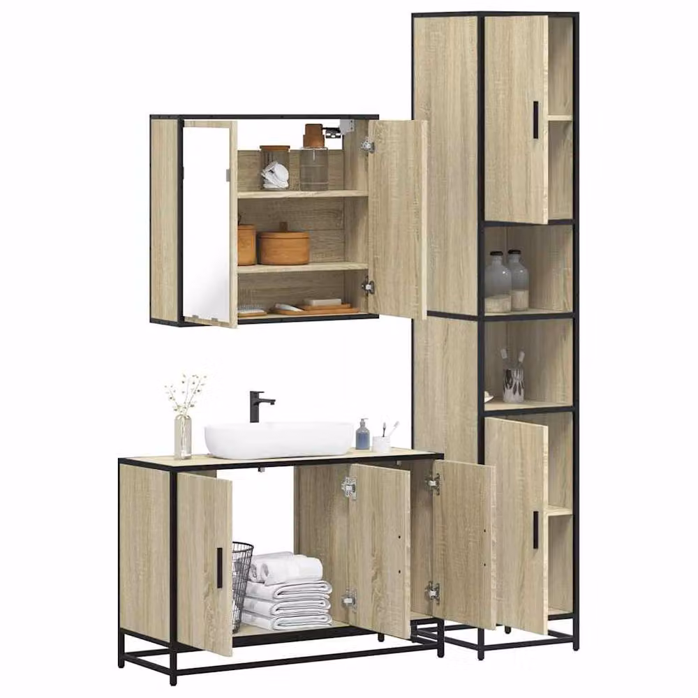 Berkfield Home 3 Piece Industrial Bathroom Furniture Set in Sonoma Oak and Brown – 2