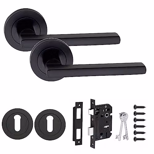 Golden Grace Leon Door Handles Set with 64mm 3 Lever Lock in Matt Black Finish – 1