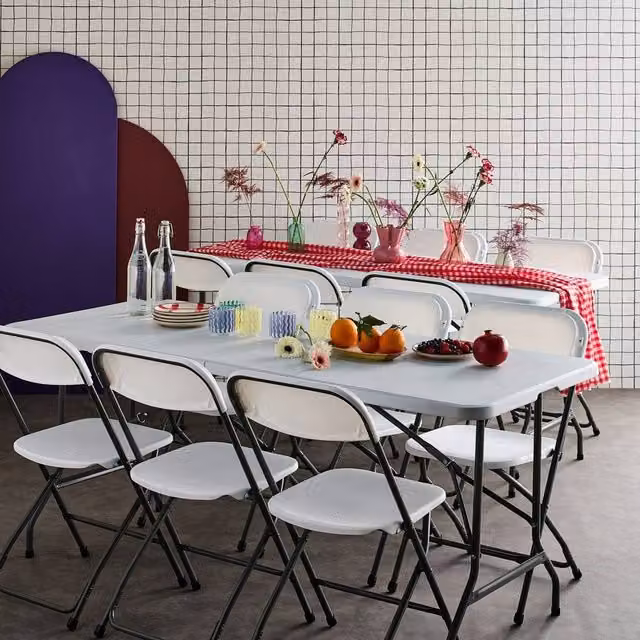 Sweek Pair of White Folding Plastic Reception Tables with 12 Chairs – 1
