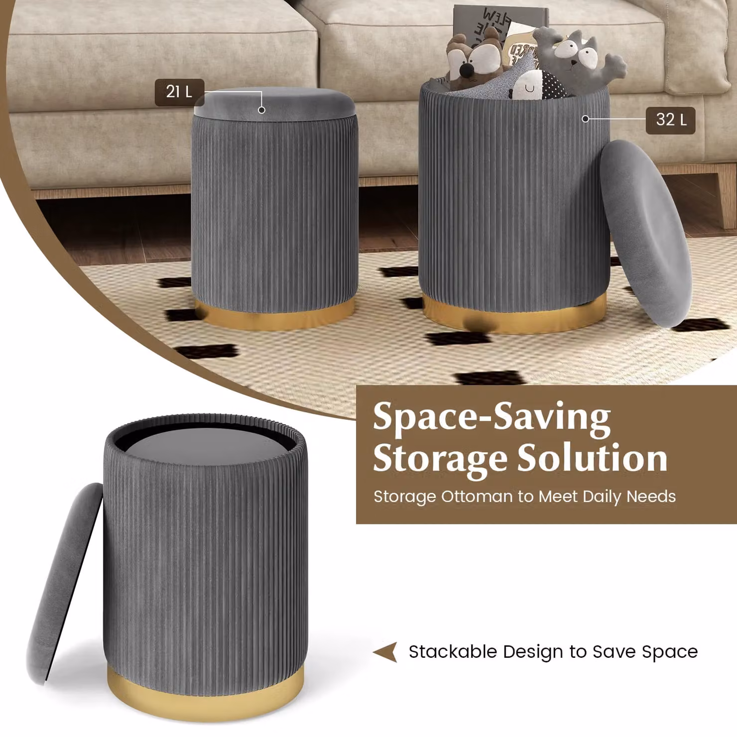 Gymax Set of 2 Grey Velvet Round Nesting Storage Ottomans and Vanity Chairs – 4