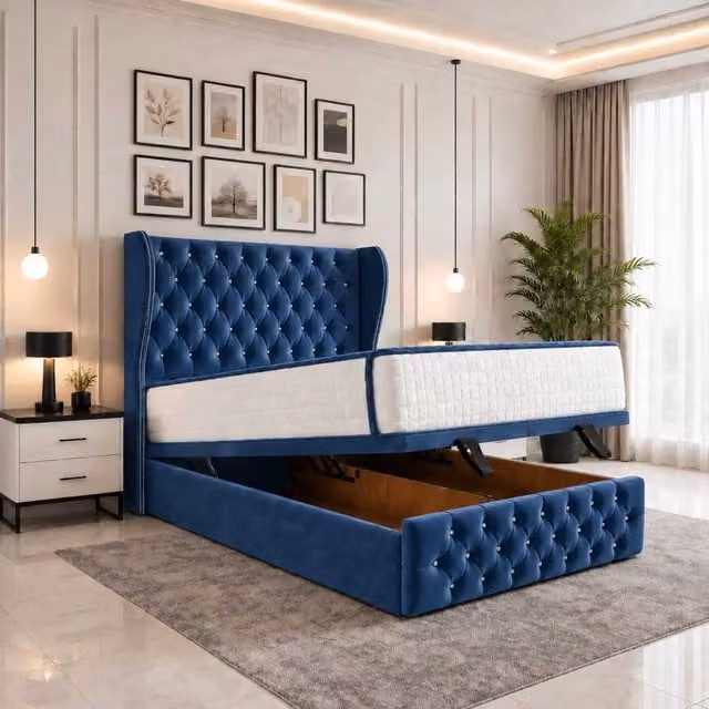 Luvessa Modern Navy Blue Velvet Upholstered Ottoman Storage Bed with Wingback Headboard