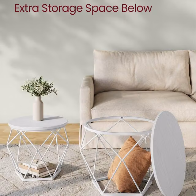 VASAGLE Set of 2 Round Nesting Coffee and Side Tables in Snow White and Cloud White