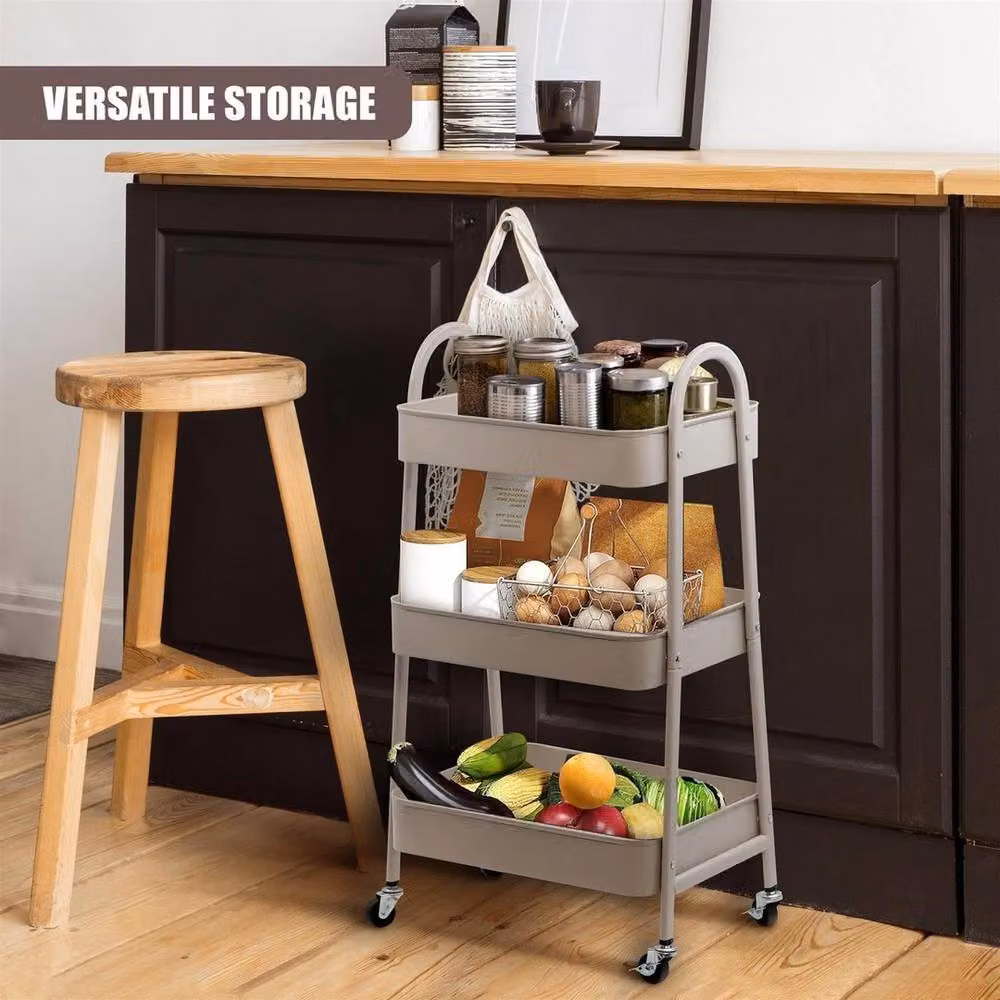 KORVIXA 3 Tier Metal Storage Trolley Cart with Mesh Baskets in Beige – 3
