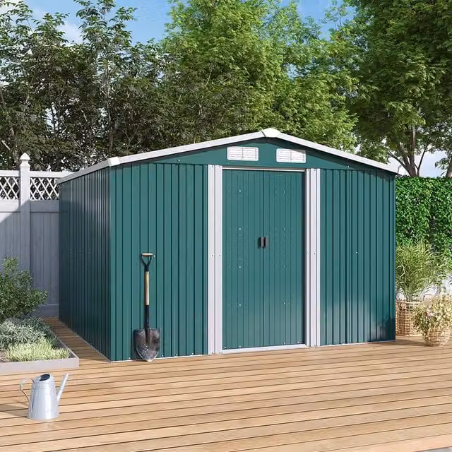 Lifeideas Metal Apex Roof Garden Shed with Sliding Doors and Side Vent, Dark Green