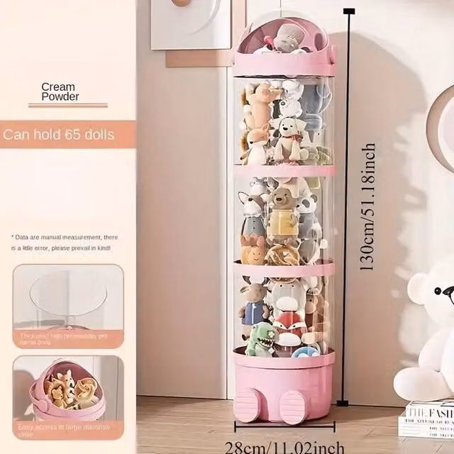 FLAVORA Pink Animal Storage Tube, Adjustable Transparent Plush Toy Storage for Children's Rooms, Height: 130 cm