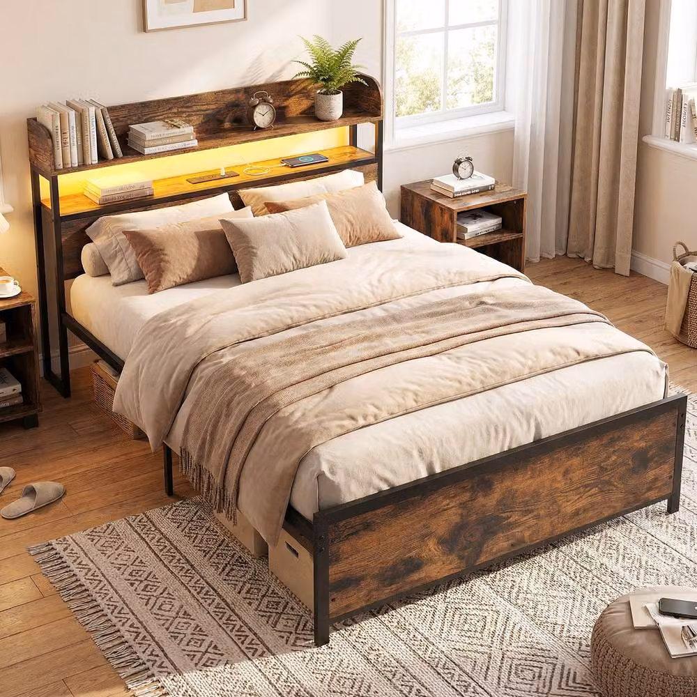 Gymax King Size Platform Bed Frame in Brown with LED Lights, USB Charging Ports and Storage Headboard – 6