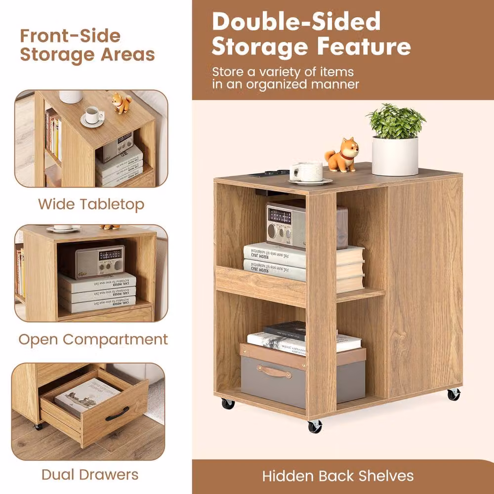 Gymax Rolling Nightstand End Side Table with Storage Drawers in Light Khaki – 4