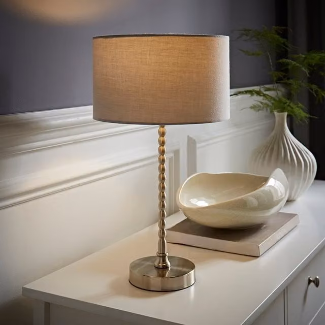 ValueLights Maeve Brushed Chrome Bobble Table Lamp with Grey Fabric Drum Shade and LED Bulb
