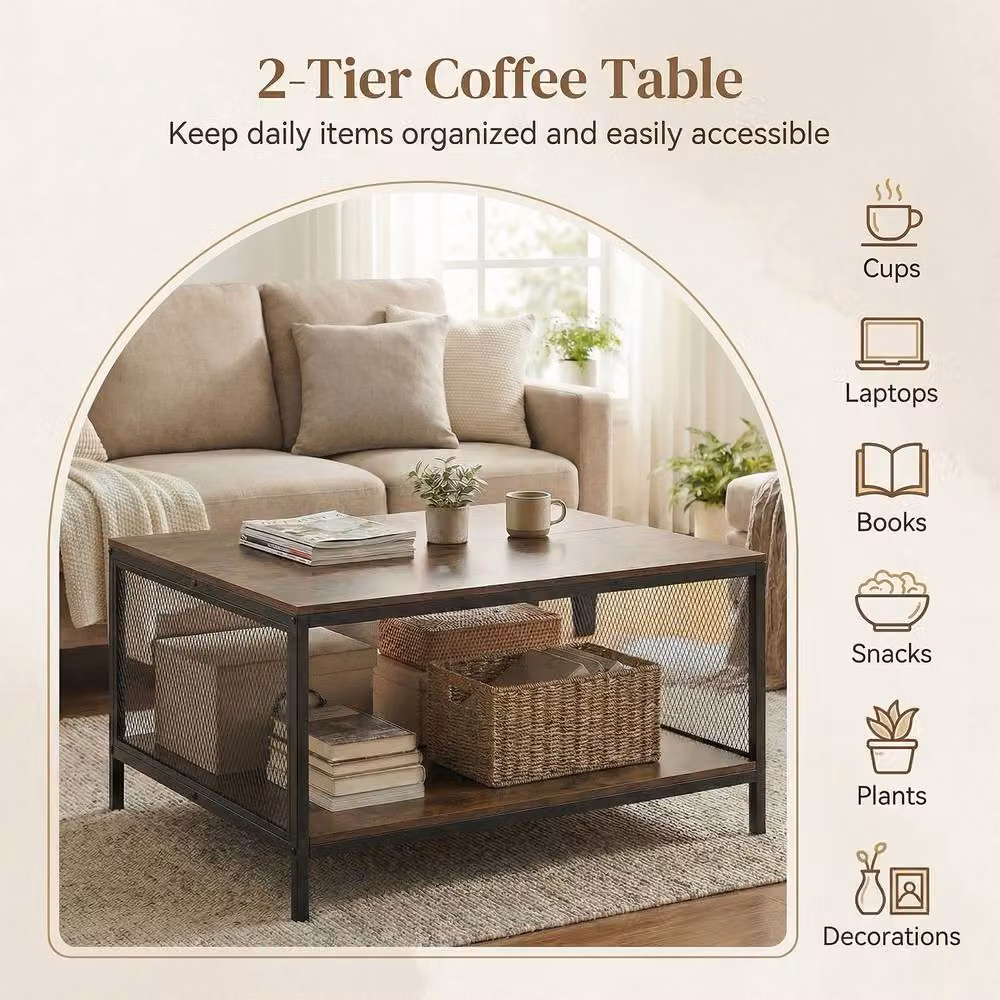 Gymax Industrial Square 2-Tier Coffee Table with Storage Shelf in Brown – 3