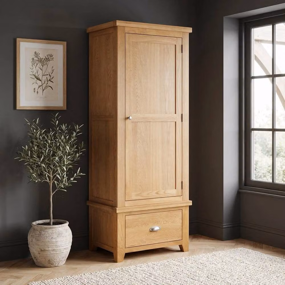 FORGEVIO Cheshire Oak Single 1 Door Wardrobe in Natural Brown with Integrated Drawers – 2