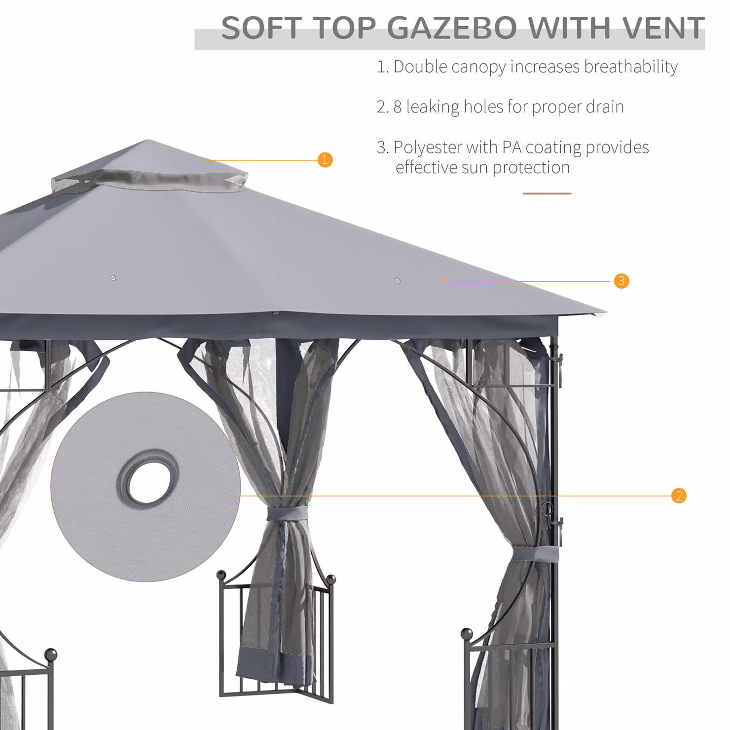 Outsunny Garden Gazebo Patio Party Tent Shelter with Double Tier Sun Shade and Metal Frame, Light Grey, W: 300 cm, D: 300 cm, H: 275 cm – 3