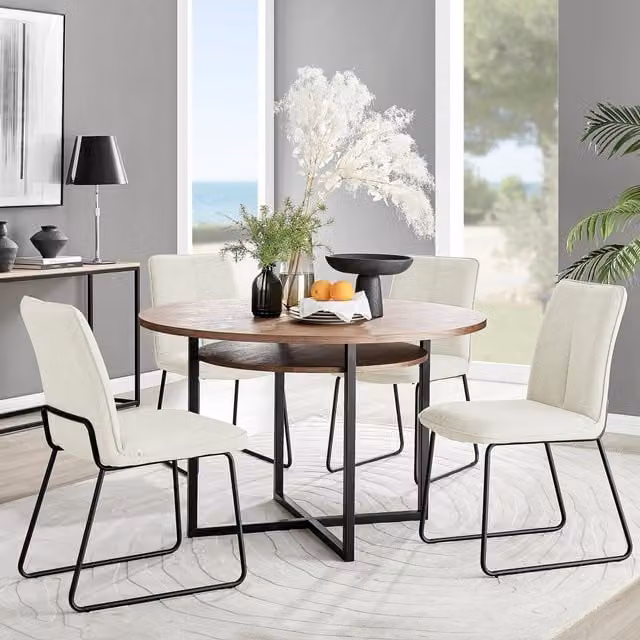 FurnitureboxUK Adley Brown Wood Round Dining Table and 4 Halley Cream Chairs Set