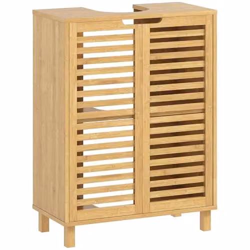 HOMCOM Freestanding Under Sink Bathroom Cabinet in Brown with Adjustable Internal Shelves and Hinged Doors – 1