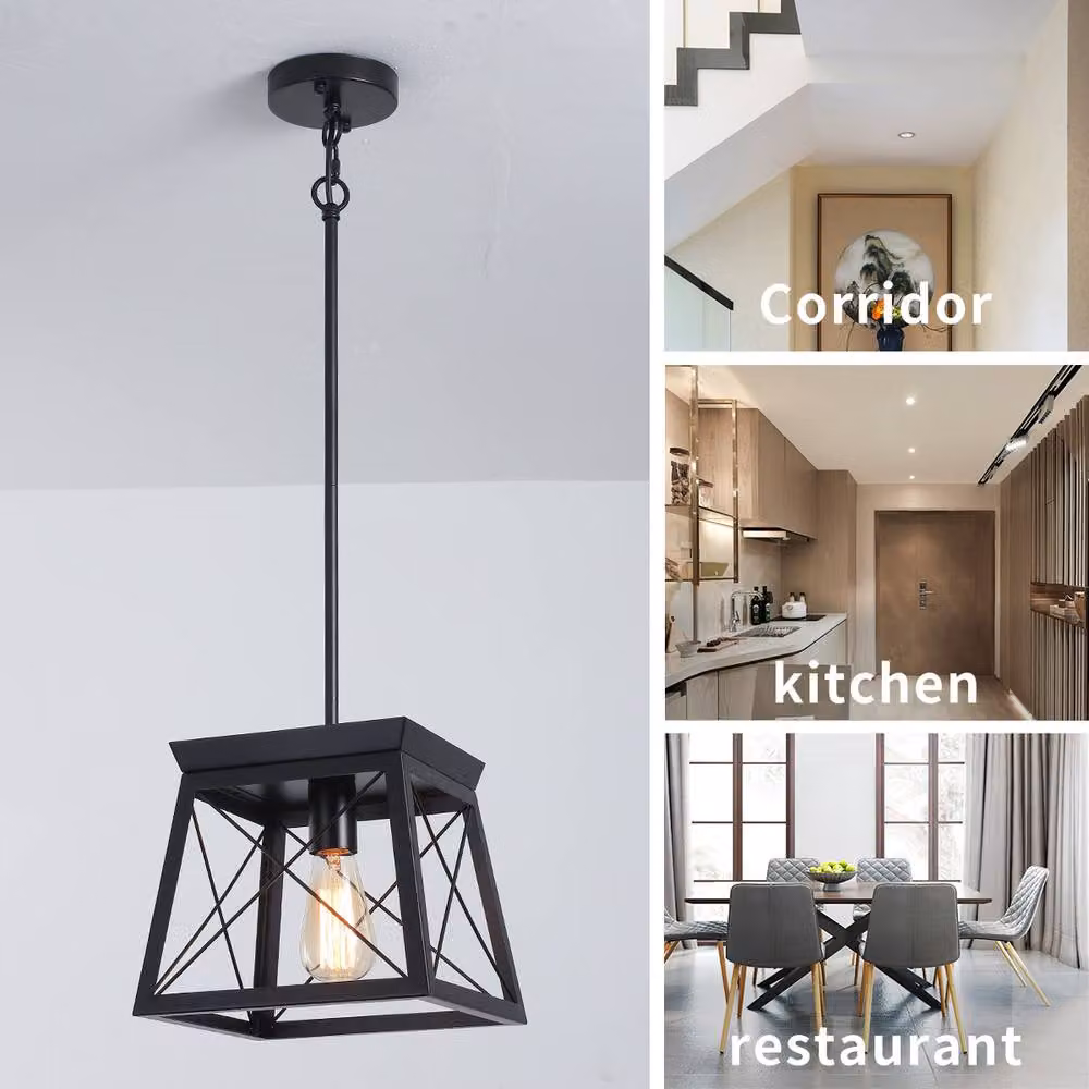 NIVOR Black Metal Farmhouse Pendant Light, Adjustable Industrial Cage Lantern Chandelier with Transparent Glass – 3