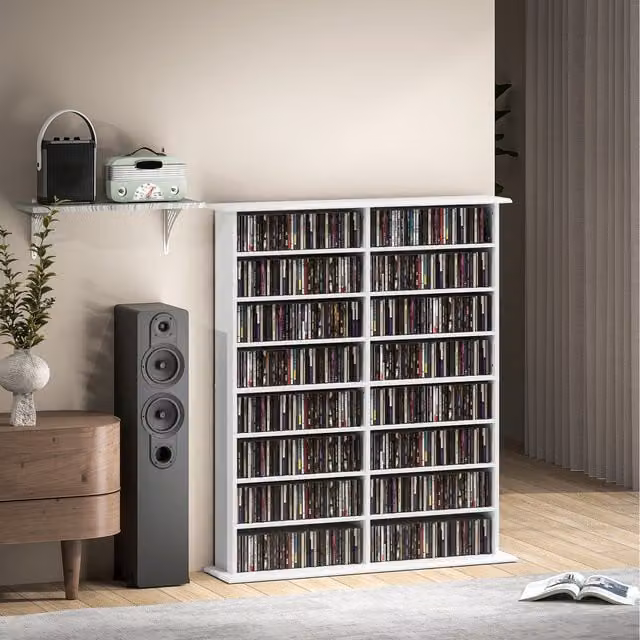 HOMCOM White Modern Freestanding CD DVD Storage Unit with Adjustable Shelves and Media Compartments