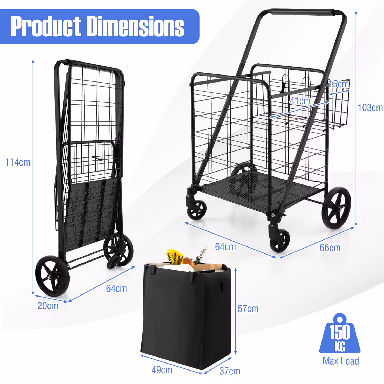 Gymax Folding Shopping Cart with 126L Waterproof Liner in Black – 2
