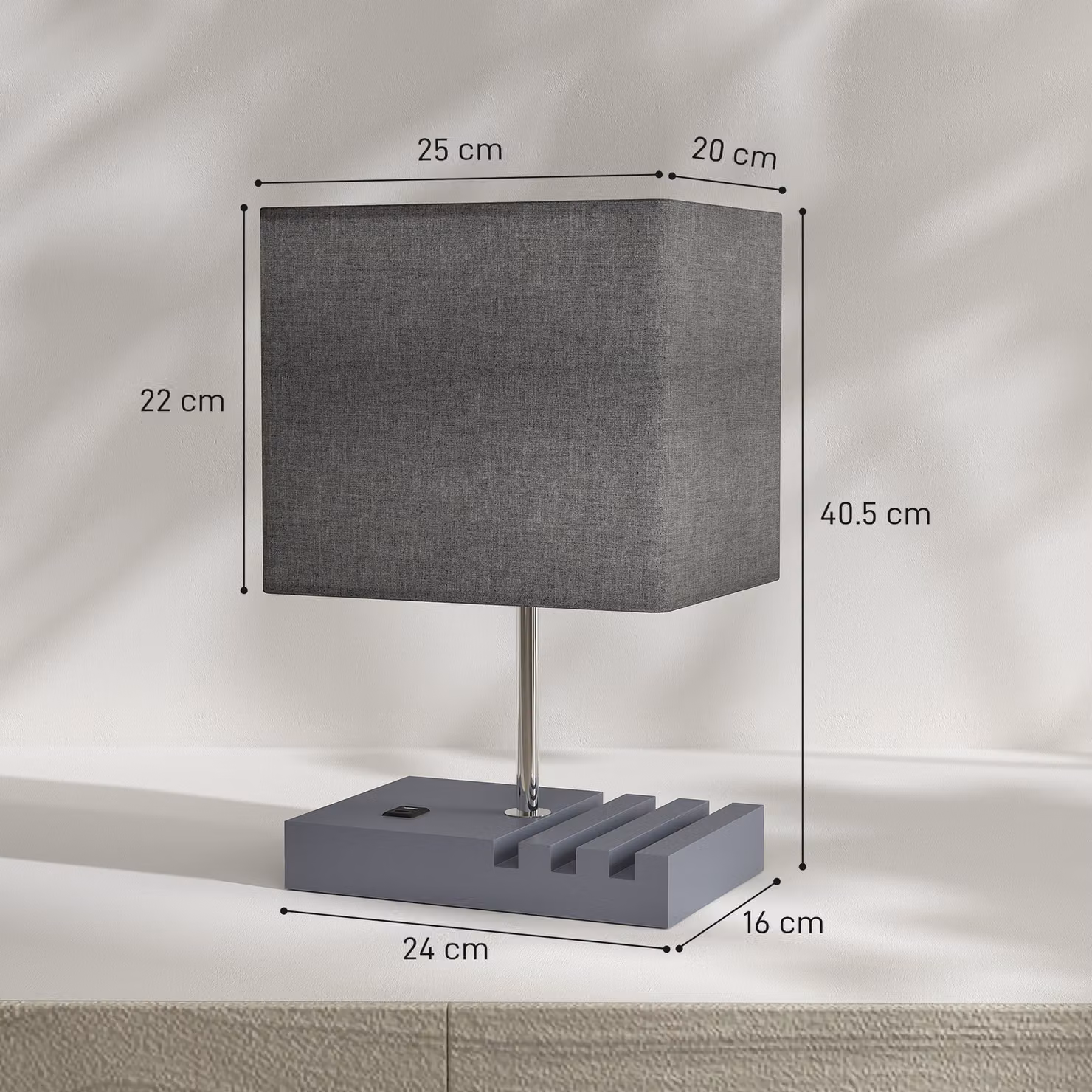HOMCOM Modern Grey Bedside Lamp with USB A+C Charging Ports, 3 Phone Stands and Solid Wood Base with Fabric Shade, E27 Socket – 3
