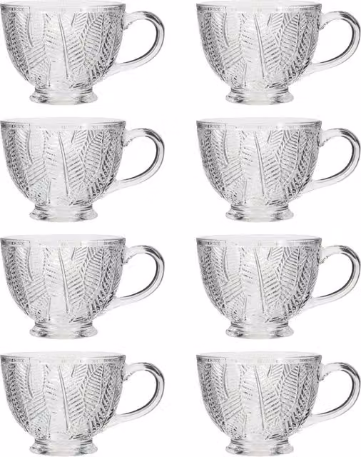 Dibor Set of 8 Vintage Embossed Botanical Glass Coffee Mugs, Transparent, 400ml per cup