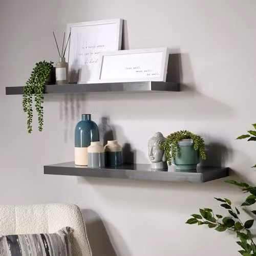Home Source Pair of 2 Grey Glossy Floating Wall Mounted Wooden Storage Shelves, W: 80 cm, D: 38 cm, H: 11.6 cm – 1
