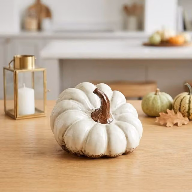 Garden Greatness Smooth Glazed Ceramic Pumpkin Table Ornament in Multicolour and White