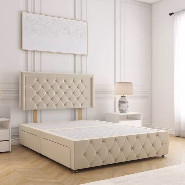 BSSPOKE Lena Double Divan Bed with 24 inch Headboard and 2 Drawers in Cream Plush Velvet, W/D/H: 140 x 200 cm