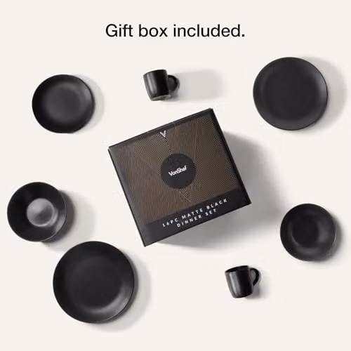 VonShef 16 Piece Matte Black Stoneware Dinner Set for 4, including Dinner Plates (Diameter: 28 cm), Side Dishes (Diameter: 21 cm), Bowls (Diameter: 16 cm) and Mugs, Dishwasher and Microwave Safe – 9