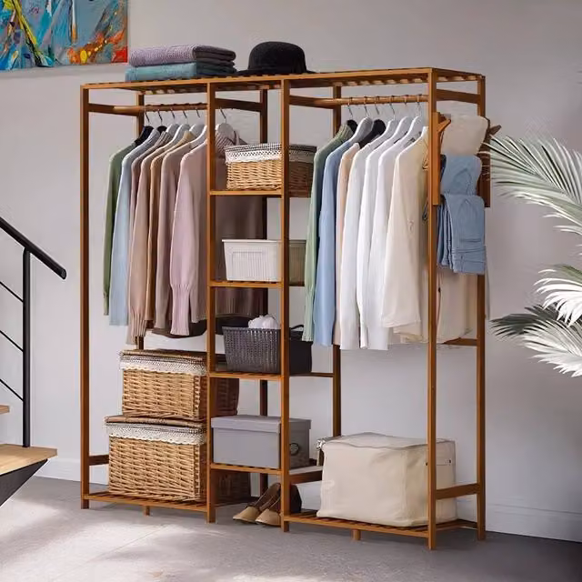 KORVIXA Teak Brown Open Wardrobe with Slatted Shelving and Clothes Rail, Width: 100 cm, Height: 146.5 cm – 1