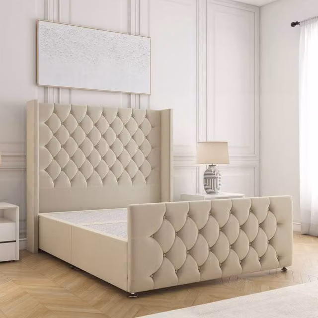 BSSPOKE Florida Divan Bed with 54 inch Plush Velvet Headboard in Beige