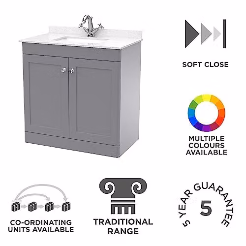 nuie Classique Traditional Bathroom Floor Standing 2 Door Unit with Marble Worktop and Square Basin, Satin Grey and White, W: 800 mm – 2